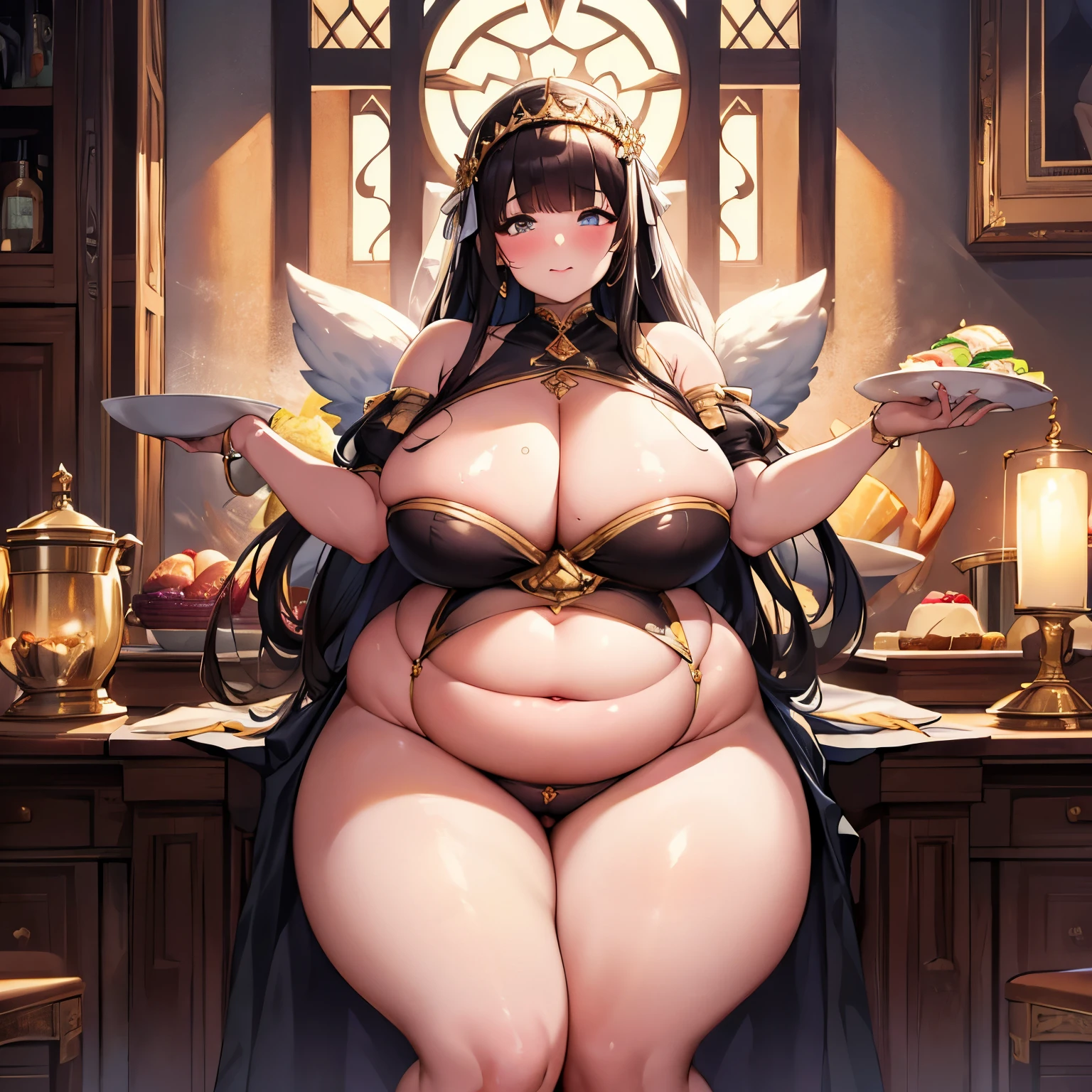 The goddess of gluttony and overindulgence, she's very chubby, she's exceedingly voluptuous, her belly is engorged and very distended, bloated belly, her hair is lustrous and long, her brunette hair is in a braided ponytail, she's wearing a lavish and flowing dress, her eyes are electric purple, magic, plump, her arms a thick and fat, her fingers are pudgy, she's the embodiment of obesity, she's standing in a room full of various food, banquet hall, the room is very ornate and gaudy, white and gold accents, her face is chubby and cute, her massive belly is round and juts out, she has a muffin top belly, everything about her is fat, she's rotund, she's very wide, her figure is exaggerated, godly, goddess, magic, fantasy, high fantasy, detailed, her dress is tight, white and gold dress, her dress covers her breasts, SFW, loose clothes, knee length dress, she has angel wings, her arms are thick and fat, she's eating cake, her belly bulges out far in front of her, she's stuffed, her stomach looks overfilled, her dress shows very little skin, her massive belly is hugely distended and overstuffed, she looks like she ate an entire feast by herself, bulging belly