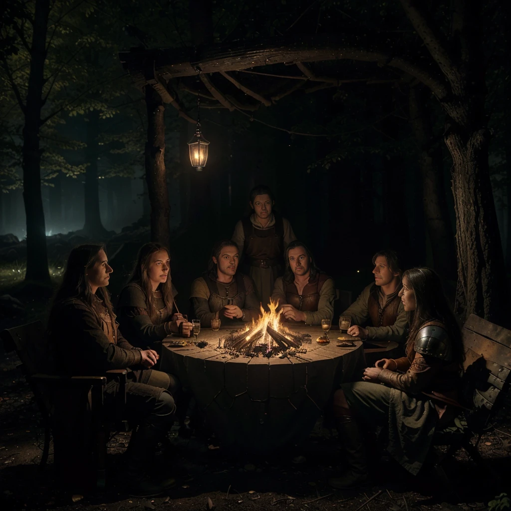 (a group of fantasy adventurers sitting close to a campfire,drinking mead and telling tall tales),(fantasy,adventurer,group:1.1),(campfire:1.1,fire),(mead,drinking:1.1),(telling tall tales:1.1),(haunted woods,woods,forest),(gleaming eyes:1.1,watching hungrily,hungry eyes,eyes in the darkness:1.2),(fantasy creatures,creatures,monsters),(darkness:1.1,eerie),(mysterious atmosphere:1.1),(mysterious sounds,sounds),(flickering firelight:1.1),(distant howls),(mystical:1.1,enchanted),(medieval setting:1.1),(moonlit),(adventure:1.1,exciting),(magic:1.1),unpredictable), (fantastical:1.1),(mystic:1.1)