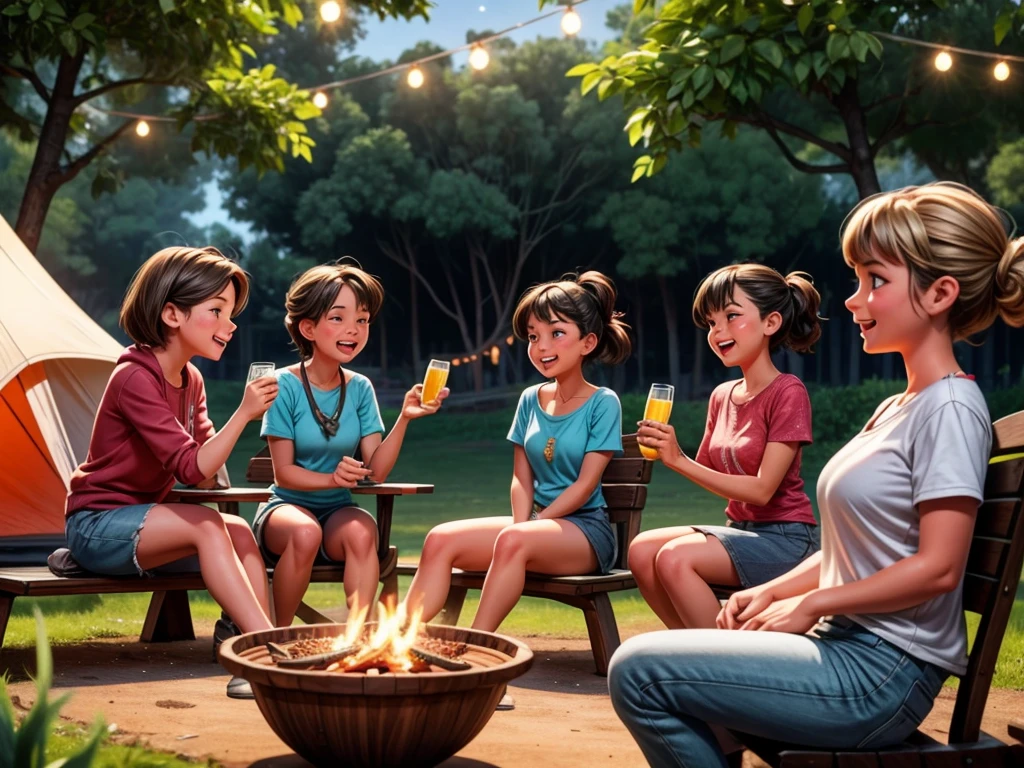 A group of girls from an outdoor school, enjoying a campfire, roasting meat, drinking beer, and having fun.
(material:illustration),(best quality,4k,highres),(realistic:1.37),bright colors,soft sunlight,warm atmosphere,sparkling flames,detailed smoke and embers,starry night sky,camping equipment,surrounded by trees,giggling and laughter,excited expressions on their faces,twinkling eyes,tanned skin,messy hair,casual clothes,relaxed poses,friendly atmosphere,clinking glasses,toasting,smiling faces,tent in the background,evening light,beautiful shadows and highlights,joyful and carefree moments,capturing memories.