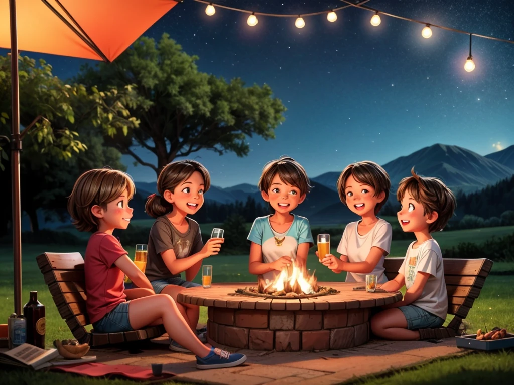 A group of girls from an outdoor school, enjoying a campfire, roasting meat, drinking beer, and having fun.

(material:illustration),(best quality,4k,highres),(realistic:1.37),bright colors,soft sunlight,warm atmosphere,sparkling flames,detailed smoke and embers,starry night sky,camping equipment,surrounded by trees,giggling and laughter,excited expressions on their faces,twinkling eyes,tanned skin,messy hair,casual clothes,relaxed poses,friendly atmosphere,clinking glasses,toasting,smiling faces,tent in the background,evening light,beautiful shadows and highlights,joyful and carefree moments,capturing memories.