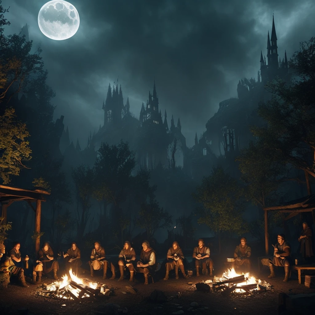 (a group of fantasy adventurers sitting close to a campfire,drinking mead and telling tall tales),(fantasy,adventurer,group:1.1),(campfire:1.1,fire),(mead,drinking:1.1),(telling tall tales:1.1),(haunted woods,woods,forest),(gleaming eyes:1.1,watching hungrily,hungry eyes,eyes in the darkness:1.2),(fantasy creatures,creatures,monsters),(darkness:1.1,eerie),(mysterious atmosphere:1.1),(mysterious sounds,sounds),(flickering firelight:1.1),(distant howls),(mystical:1.1,enchanted),(medieval setting:1.1),(moonlit),(adventure:1.1,exciting),(magic:1.1),unpredictable), (fantastical:1.1),(mystic:1.1)