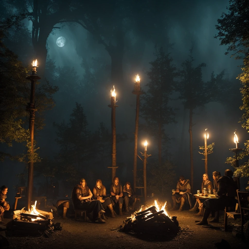 (a group of fantasy adventurers sitting close to a campfire,drinking mead and telling tall tales),(fantasy,adventurer,group:1.1),(campfire:1.1,fire),(mead,drinking:1.1),(telling tall tales:1.1),(haunted woods,woods,forest),(gleaming eyes:1.1,watching hungrily,hungry eyes,eyes in the darkness:1.2),(fantasy creatures,creatures,monsters),(darkness:1.1,eerie),(mysterious atmosphere:1.1),(mysterious sounds,sounds),(flickering firelight:1.1),(distant howls),(mystical:1.1,enchanted),(medieval setting:1.1),(moonlit),(adventure:1.1,exciting),(magic:1.1),unpredictable), (fantastical:1.1),(mystic:1.1)