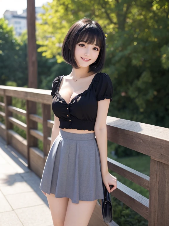 ((masterpiece)), ((best quality)), (ultra-detailed), ((kawaii)), cute, (lovely), realistic, real, full body, In town, daytime, a cute girl, 1girl, solo, camisole ,mini skirt, beautiful black hair, beautiful black eyes, ((beautiful eyes)), short hair, ribon, smile,crevage,Small breasts,Cleavage