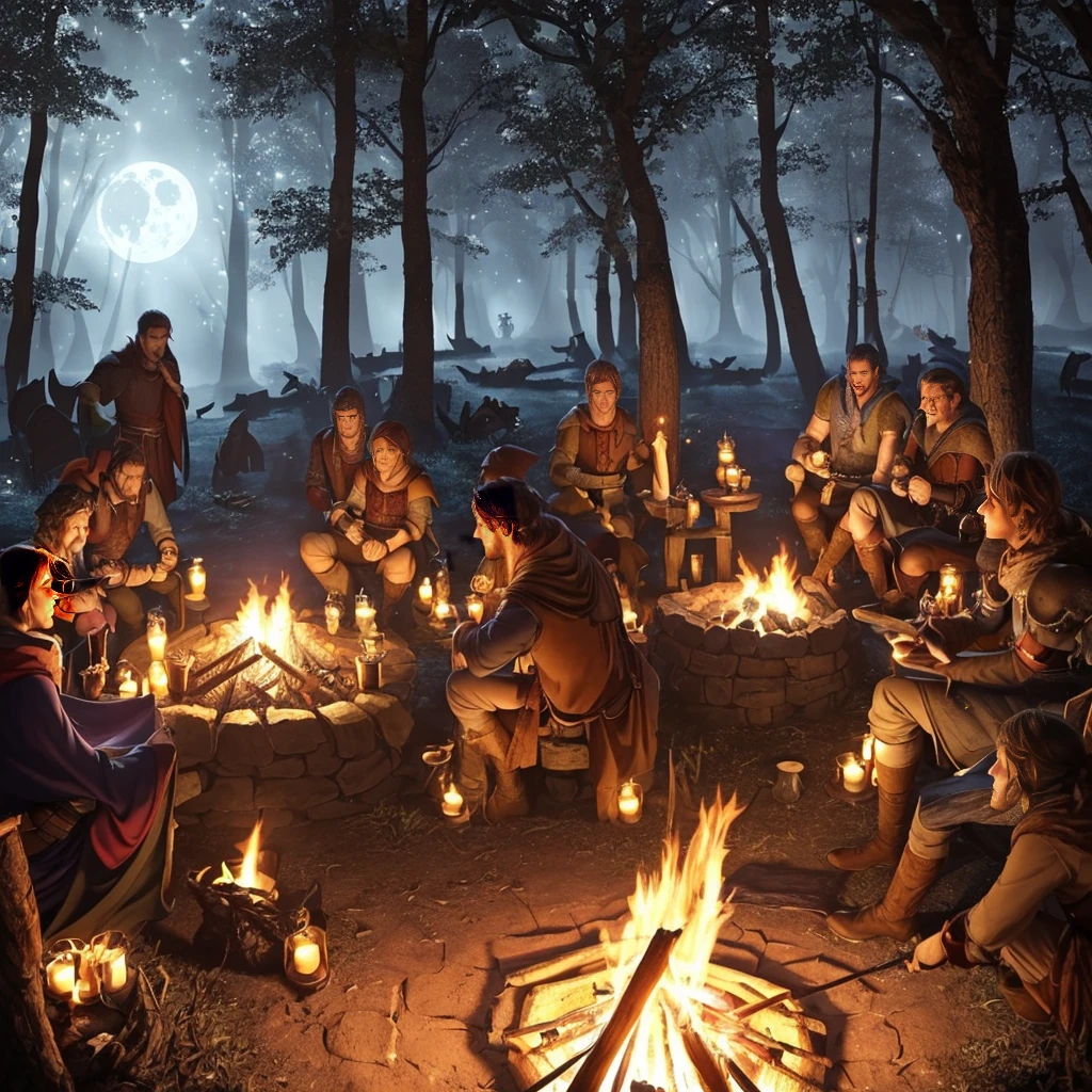 (a group of fantasy adventurers sitting close to a campfire,drinking mead and telling tall tales),(fantasy,adventurer,group:1.1),(campfire:1.1,fire),(mead,drinking:1.1),(telling tall tales:1.1),(haunted woods,woods,forest),(gleaming eyes:1.1,watching hungrily,hungry eyes,eyes in the darkness:1.2),(fantasy creatures,creatures,monsters),(darkness:1.1,eerie),(mysterious atmosphere:1.1),(mysterious sounds,sounds),(flickering firelight:1.1),(distant howls),(mystical:1.1,enchanted),(medieval setting:1.1),(moonlit),(adventure:1.1,exciting),(magic:1.1),unpredictable), (fantastical:1.1),(mystic:1.1)