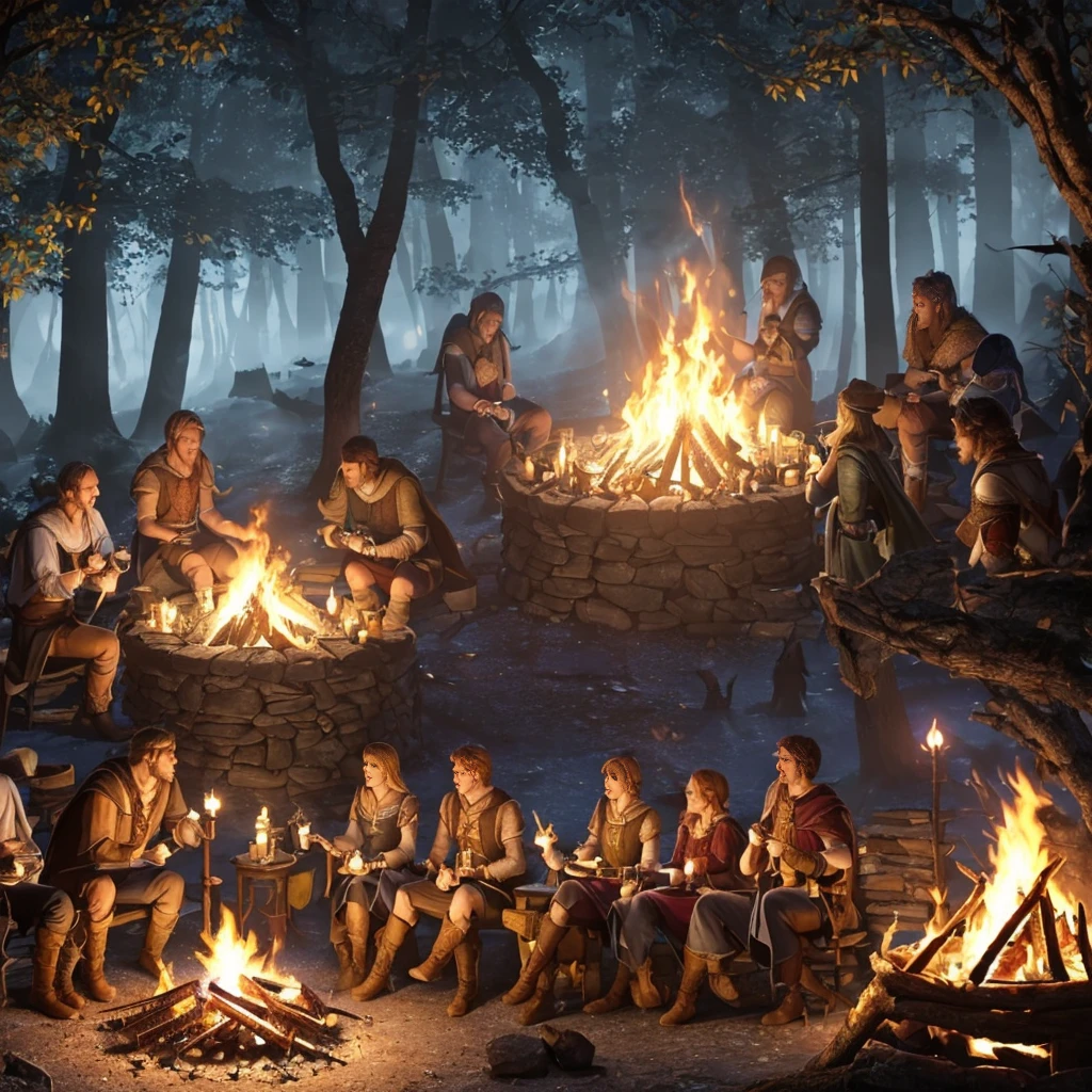 (a group of fantasy adventurers sitting close to a campfire,drinking mead and telling tall tales),(fantasy,adventurer,group:1.1),(campfire:1.1,fire),(mead,drinking:1.1),(telling tall tales:1.1),(haunted woods,woods,forest),(gleaming eyes:1.1,watching hungrily,hungry eyes,eyes in the darkness:1.2),(fantasy creatures,creatures,monsters),(darkness:1.1,eerie),(mysterious atmosphere:1.1),(mysterious sounds,sounds),(flickering firelight:1.1),(distant howls),(mystical:1.1,enchanted),(medieval setting:1.1),(moonlit),(adventure:1.1,exciting),(magic:1.1),unpredictable), (fantastical:1.1),(mystic:1.1)