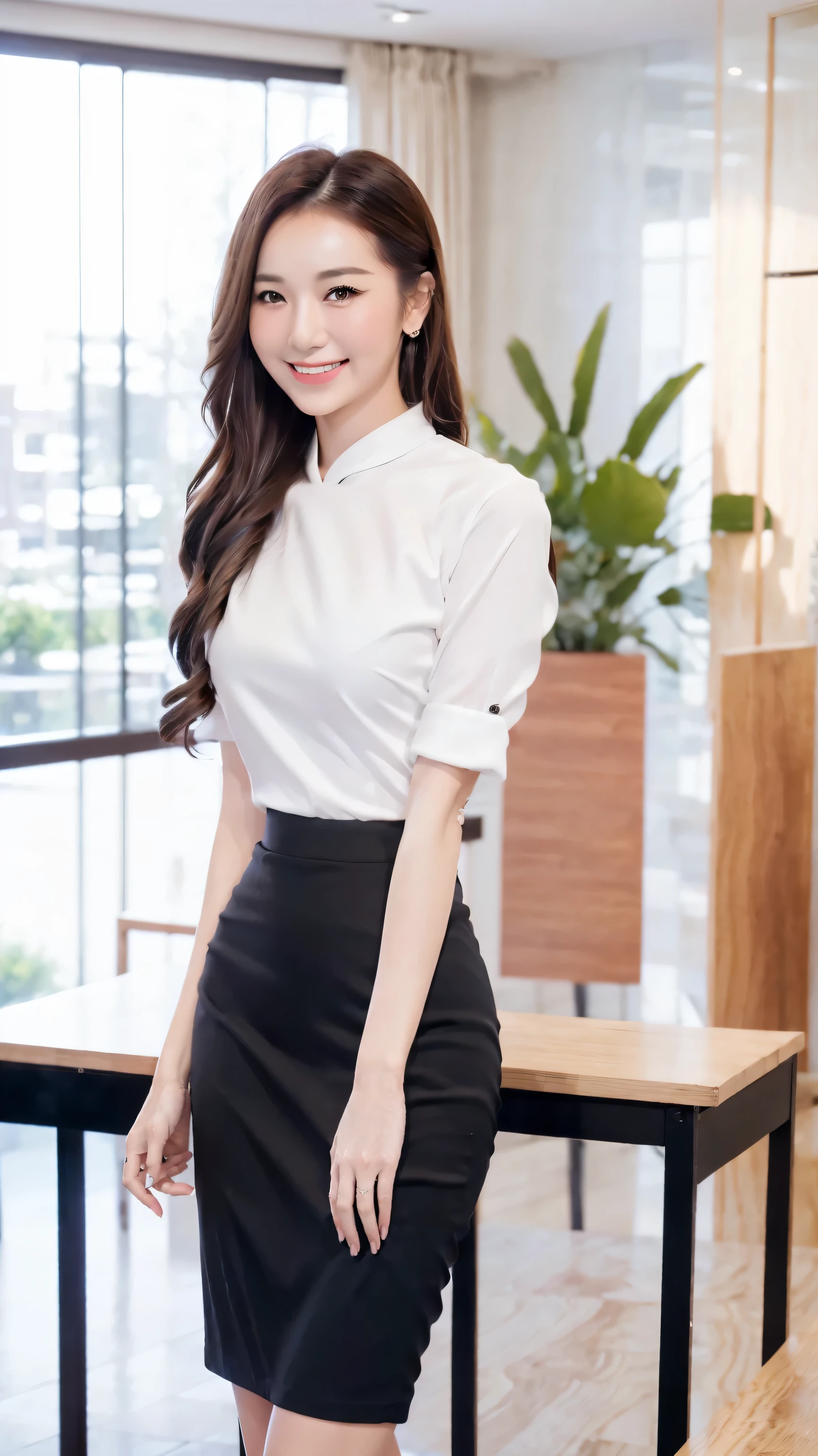 ((Realistic photo, Best quality, 8K, Masterpiece: 1.3)), (raw photo:1.2), Hyperrealist portrait gorgeous Beautiful Chinese girl, 16 years old, Perfect Figure, pretty body, (beautiful flat breasts: 1.2), very detailed eyes and face, (lustfully naughty face, crimson red lip, heavy makeup: 1.3, blushing), beautiful detailed eyes, seductive sharp eyes, (charming smile: 1.4), white skin, photo realistic, very detailed face, ((white shirt, black pencil skirt)), (long legs: 1.2, beautiful long nails), loose curls hairstyle, ((standing pose)), (modern office room background)