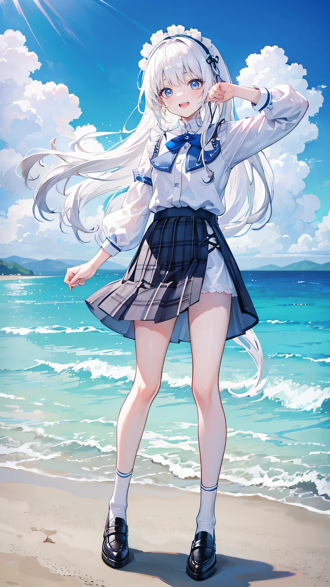 White hair,Long hair,Bangs,Bangs neatly,Hairband,Gray eyes,girl,cute,laughing expression,Happy and happy expression,Lovely,girl,Plaid skirt,Small leather shoes,White socks,whole body,Standing on the ground,LovelyAction,Don't show your arms,Background is the beach,Blue sky and white clouds