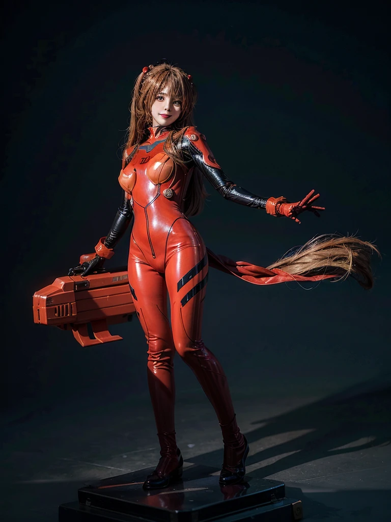 best quality, masterpiece, realistic, photorealistic, 1girl, solo, looking at viewer, full body, wariza, long hair, asuka cosplay costume, cosplay, plugsuit, bodysuit, hair ornament, simple background, Beautiful expression, Beautiful breasts,exy posing,whole body, composition that shows the whole body, smiling,standing posing