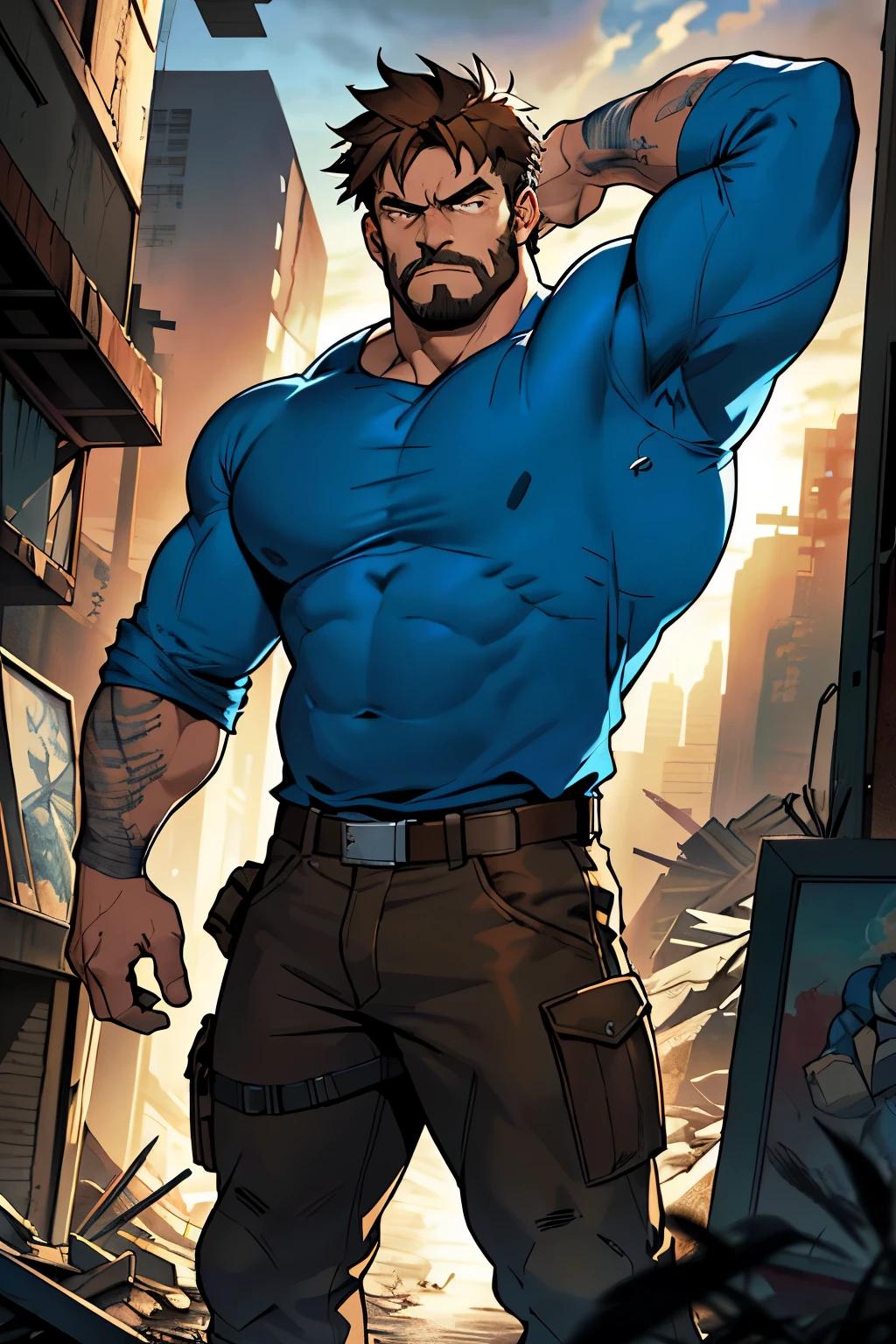 In the captivating cover of this Marvel Comics issue, The Thing is depicted in a breathtakingly wonderful manner. Clad in a blue shirt that molds to his muscular form, his bulbous body is illustrated in a full-brown, dark beige style. The textures of his piles and stacks are exquisitely rendered in the salvagepunk, dazecore art style. The environment around him appears to be a gritty, post-apocalyptic landscape, encapsulating the essence of the genre. With an expression of determination etched on his face, The Thing's bulky frame exudes an aura of strength and resilience.