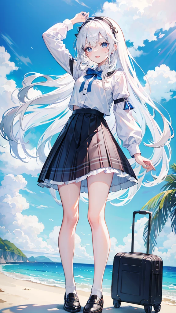 White hair，Long hair，Bangs，Bangs整齐，Hairband，Gray eyes，girl，cute，laughing expression，Happy and happy expression，Lovely，girl，Plaid skirt，Small leather shoes，White socks，whole body，Standing on the ground，手臂Lovely动作，Don't show your arms，Background is the beach，Blue sky and white clouds