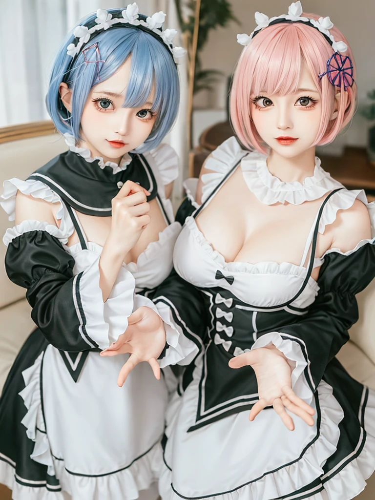 (8K, Photorealistic, Raw photo, of the highest quality: 1.3), (1girl in), Super beautiful, (Realistic face), (boyish, pink Color Berry Shorthair), Beautiful , Glare that captivates the viewer, Beautiful expression, Beautiful breasts, (Realistic skin), Be...Create a detailed and colorful image of Ram and Rem from Re:Zero, standing back-to-back in their maid outfits, with a magical fantasy background、14years old, two girls,cute, perfect face, beautiful, nice body, gothic ta clothes, gothic loliashion, frilly skirt, headdress, necklace, bracelet, knee-high socks, boots, double eyelids, tear bags, Detailed down to the fingers, photo-like description, indoors, dim indoor lighting, one girl is pink hair and short bob, another girl is light blue hair and short bob,standing, sexy posing,whole body, composition that shows the whole body, smiling,The Both of them are wearing the same type of maid outfit,Optimal ratio of 4 fingers and 1 thumb