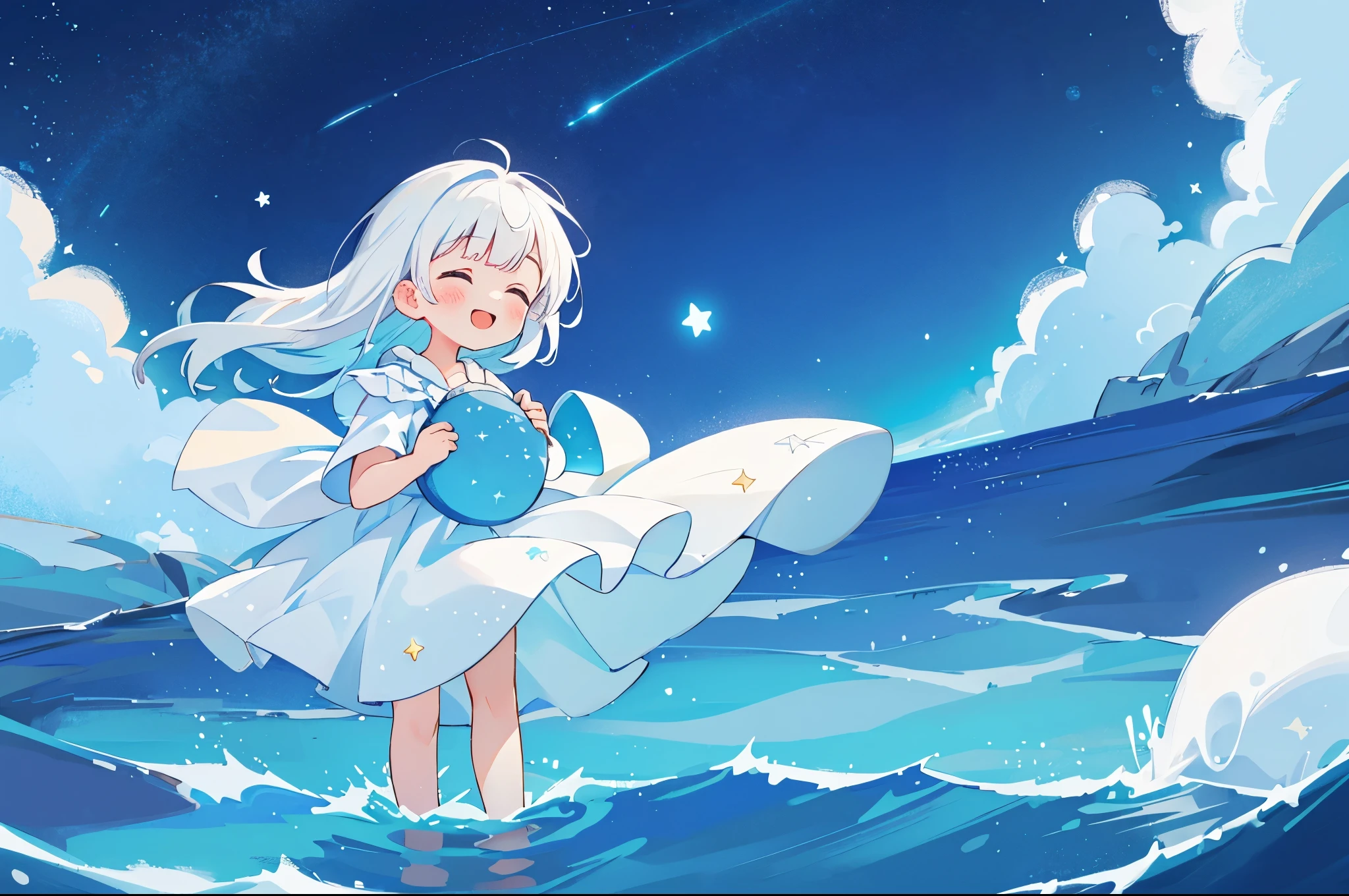 an ocean of stars, wishing stars, (glowing stars), shooting stars night sky, dreamy, endless ocean, colorful, ethereal, charming girl in a white tutu, white hair, walking on the water, Her smile was filled with tenderness and joy