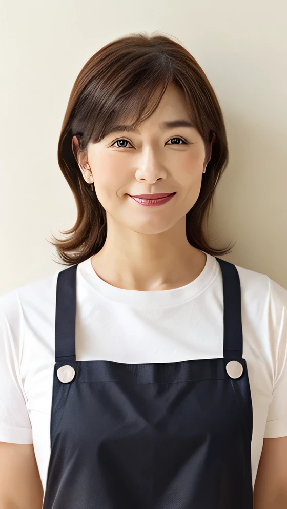 Photograph the whole body from head to toe　While cooking　The background is the kitchen　A 45-year-old Japanese woman standing facing forward and looking away　Looking at the top right　Wearing black bottoms　Semi-long brown hair　whole body　 Has a slightly plump figure　She is cooking in an apron with the kitchen in the background　woman　45 years old　semi-long、((brown hair)、semi-long　beautiful hair shiny hair　Japan( sharpen ), (She is wearing a neat apron over a white T-shirt),(The background is a typical Japanese kitchen.)　(Purelos Face_v1:0.7), (8K, highest quality), unconscious, Open Eyes,High resolution, original, (Flat Color:0.9),(Colorful:1.1),(masterpiece:1,2), highest quality, masterpiece, High resolution, original, Viewer Perspective, alone, Portrait, Mature Woman Body Set, ,Natural wrinkles, Wrinkles around the eyes, Surreal, Natural Skin, Natural Hair Color, Bright red lips　whole body像