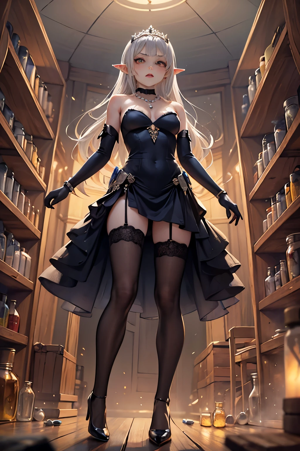 giant-landscape, giant-kingdom, big-size house,   1girl, (evil:1), villain, standing proud, full-body, high resolution face, white hair, gradient hair, pointy ears, glowing pendant, strapless dress, full bridal dress outfit, arm wrap, black gloves, leg wrap, black footwear, mean, thin,  thin legs,  stockings, tiara, glowing eyes, makeup, blush, eye shadow, rings, pearls, necklaces, flawless shiny silver hair, black heels, looking at viewer, from below, solo, ((very small breasts )),weak unhealthy ,(((very thin))) (medicine bottle) very  , (Lots of medicine jars)  ((In the magic drugstore))