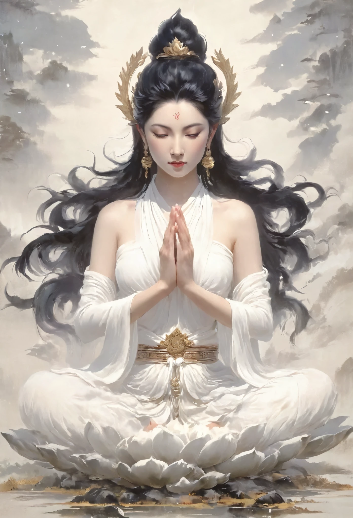 Beauty，Black hair，Black eyes，white gauze skirt，front，symmetry，Hands together，Bodhisattva shape，Clean background，masterpiece,