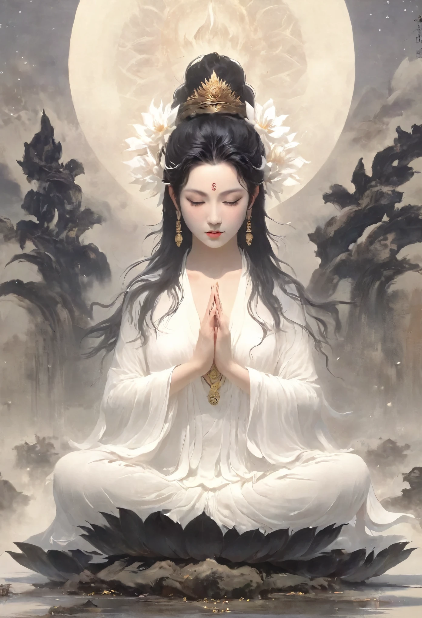 Beauty,Black hair,Black eyes,white gauze skirt,front,symmetry,Hands together,Bodhisattva shape,Clean background,masterpiece,