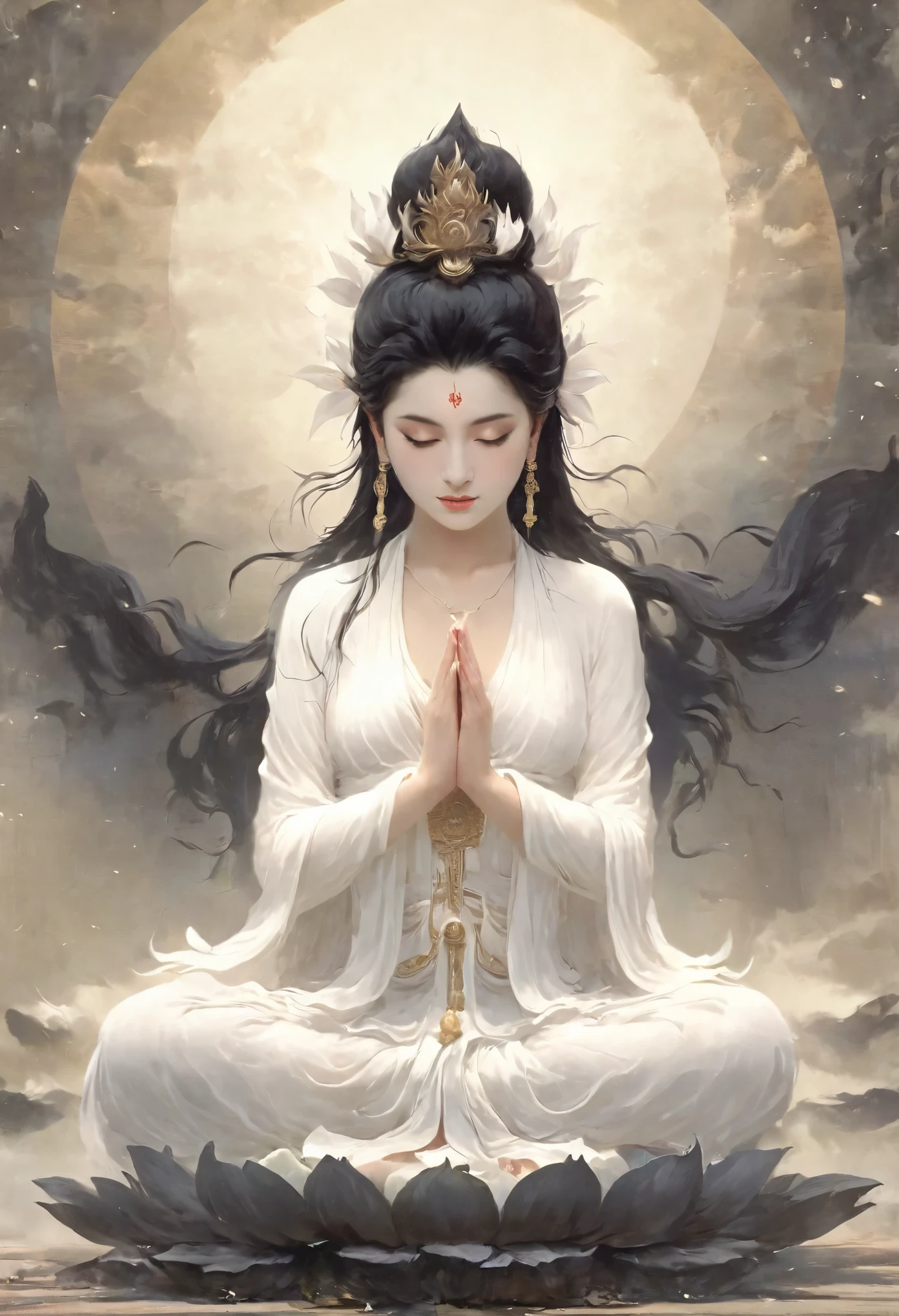 Beauty，Black hair，Black eyes，white gauze skirt，front，symmetry，Hands together，Bodhisattva shape，Clean background，masterpiece,