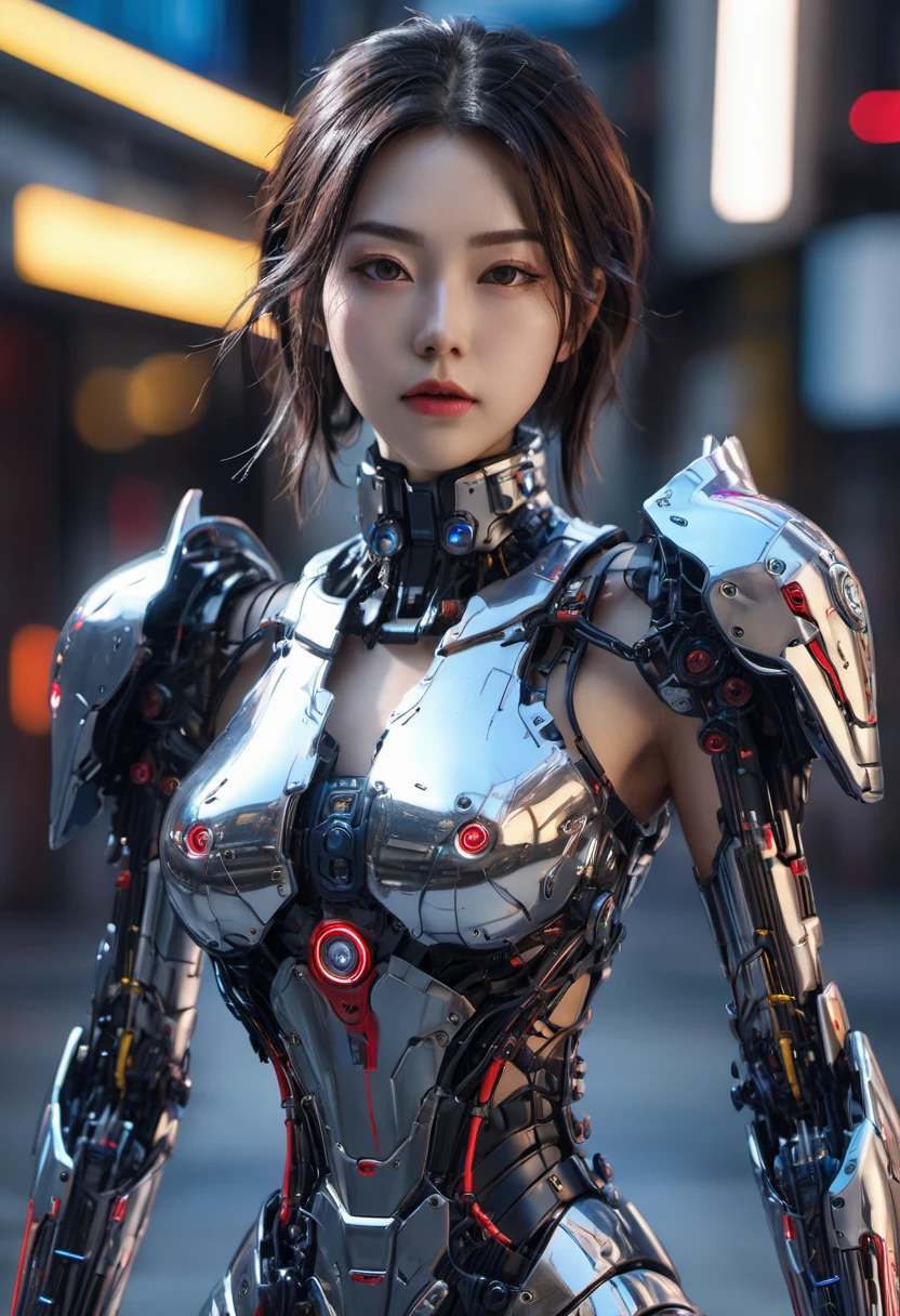 Top Quality, Masterpiece, Ultra High Resolution, (Photorealistic: 1.4), Raw Photo, 1 cyberpunk Girl, Glossy Skin, 1 Mechanical Girl, (Ultra Realistic Detail)), (((Full body shot))), Global Illumination, Contrast, thick voluptuous curved lips, Shadows, Octane Rendering, 8K, Ultra Sharp, Raw Skin, Metal, Intricate Ornament Details, Cyberpunk Details, Very intricate details, realistic light, CGSoation trend, facing the camera, neon details,mechanical . mechanical limbs, blood vessels connected to the tube, mechanical vertebrae attached to the back, mechanical cervical attachment to the neck, wires and cables connecting to the head, gundam, small LED lamps.