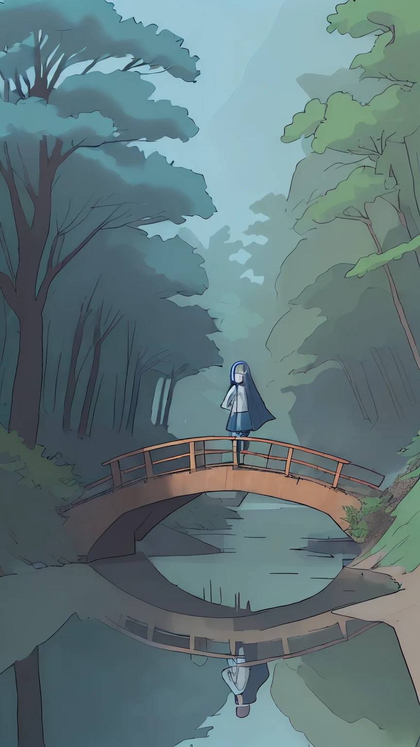 girl and her father walk through the wooden bridge over the river, with the trees swaying and the blue water reflecting under the bright sunlight.