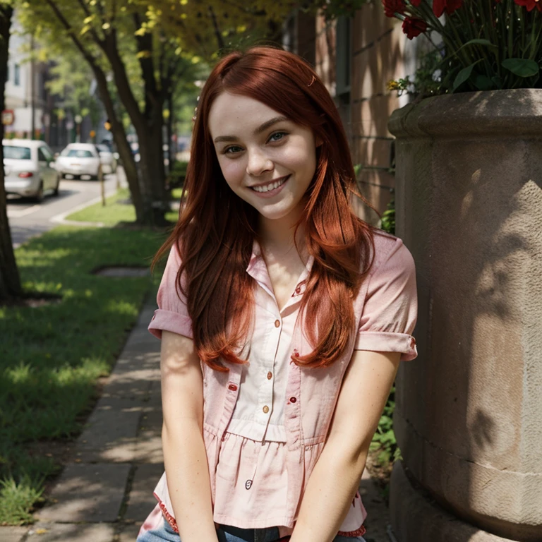 AnnaSophia Robb with dyed red hair dressed in spring clothes smiling