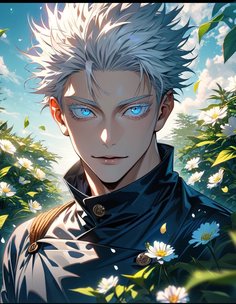 Ultra detailed, Highres, absurdres, HDR, Gojo Satoru, white hair with bangs, blue eyes, white eyelashes, Jujutsu Kaisen, green leaves, summer, flowers and petals, handsome, sexy man, solo, very detailed face and eyes,