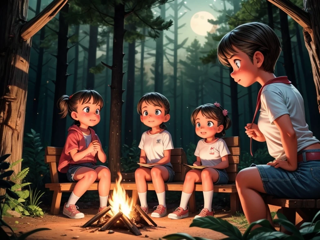 A campfire, girls from a forest school, listening to scary stories and getting scared