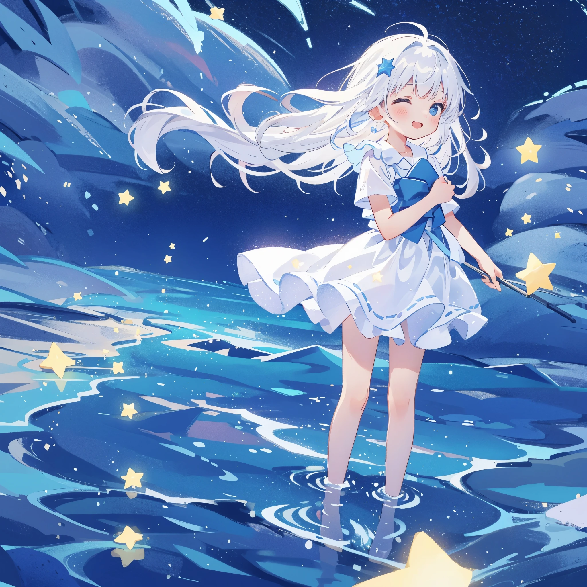 an ocean of stars, wishing stars, (glowing stars), shooting stars night sky, dreamy, endless ocean, colorful, ethereal, charming girl in a white tutu, white hair, walking on the water, Her smile was filled with tenderness and joy