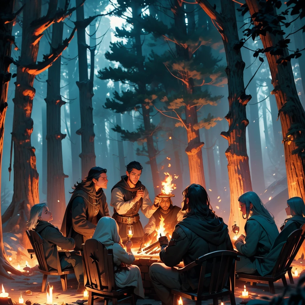 (a group of fantasy adventurers sitting close to a campfire,drinking mead and telling tall tales),(fantasy,adventurer,group:1.1),(campfire:1.1,fire),(mead,drinking:1.1),(telling tall tales:1.1),(haunted woods,woods,forest),(gleaming eyes:1.1,watching hungrily,hungry eyes,eyes in the darkness:1.2),(fantasy creatures,creatures,monsters),(darkness:1.1,eerie),(mysterious atmosphere:1.1),(mysterious sounds,sounds),(flickering firelight:1.1),(distant howls),(mystical:1.1,enchanted),(medieval setting:1.1),(moonlit),(adventure:1.1,exciting),(magic:1.1),unpredictable), (fantastical:1.1),(mystic:1.1)