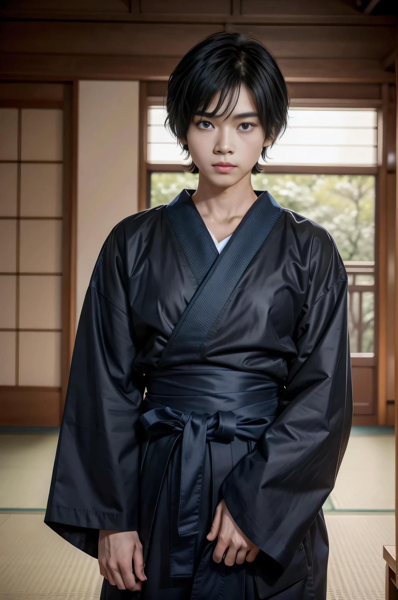 one person、solo、Facing the viewer head-on、Whole body shot、indoor、tatami、dojo、Woman dressed as a man、Good looking woman、short hair、Black Hair、Black hair、Iris、20-year-old、Wearing blue hakama、Kimono、sword on waist、arms folded、4k、（Masterpiece）、（（Detailed））