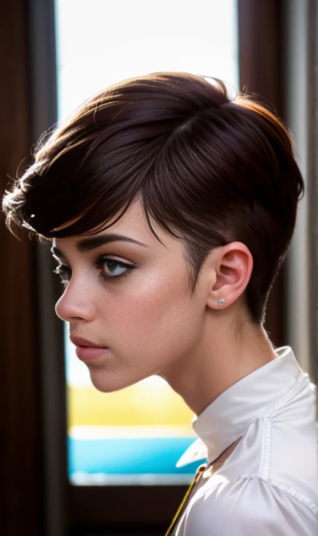 Photo of a 15 year old American girl., .CRUDO, mujer hermosa, Light brown hair pixie , corte de cabello pixie , Light brown hair((retrato)), ((Cara detallada:1.2)), ((rasgos faciales detallados)), (Piel Finamente detallada), pale skin , pecas en mejillas , ojos azules , 、un sexy(color fresco), wet, wet, Reflector pieza bonita) (proporciones perFectaotos realistas)(La mejor calidad) (Detallado) FotograFiado con una EOS R5 de Canon, lente de 50 mm, F/2.8, nffsw, (8k) (papel tapiz) (cinematic lighting) (dramatic lighting) (sharp focus) (Enrevesado) senos grandes , pechos grandes , pecas en mejillas , cuerpo completo , hermoso cuerpo de adolesente , posando sexy a la camara , posando de frente para la camara ,lindo maquillaje , gran sonrisa , labios abiertos , Fondo variado , traje de vaquero color negro