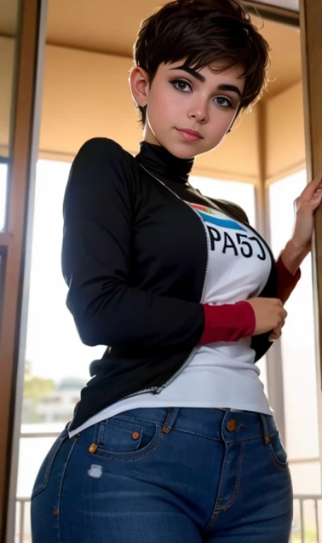 Photo of a 15 year old American girl., .CRUDO, mujer hermosa, Light brown hair pixie , corte de cabello pixie , Light brown hair((retrato)), ((Cara detallada:1.2)), ((rasgos faciales detallados)), (Piel Finamente detallada), pale skin , pecas en mejillas , ojos azules , 、un sexy(color fresco), wet, wet, Reflector pieza bonita) (proporciones perFectaotos realistas)(La mejor calidad) (Detallado) FotograFiado con una EOS R5 de Canon, lente de 50 mm, F/2.8, nffsw, (8k) (papel tapiz) (cinematic lighting) (dramatic lighting) (sharp focus) (Enrevesado) senos grandes , pechos grandes , pecas en mejillas , cuerpo completo , hermoso cuerpo de adolesente , posando sexy a la camara , posando de frente para la camara ,lindo maquillaje , gran sonrisa , labios abiertos , Fondo variado , traje de vaquero color negro
