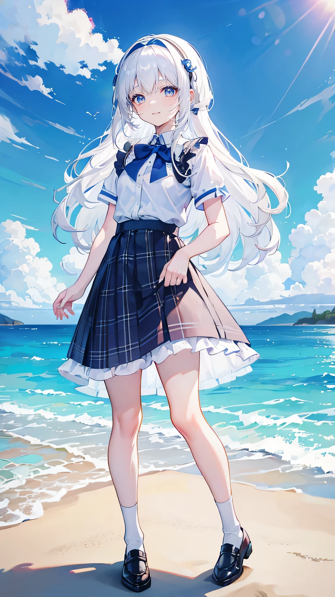 White hair，Long hair，Bangs，Bangs neatly，Hairband，Gray eyes，girl，cute，laughing expression，Happy and happy expression，Lovely，girl，Plaid skirt，Small leather shoes，White calf socks，whole body，Standing on the ground，Arm Lovely Movement，Don't show your arms，Background is the beach，Blue sky and white clouds