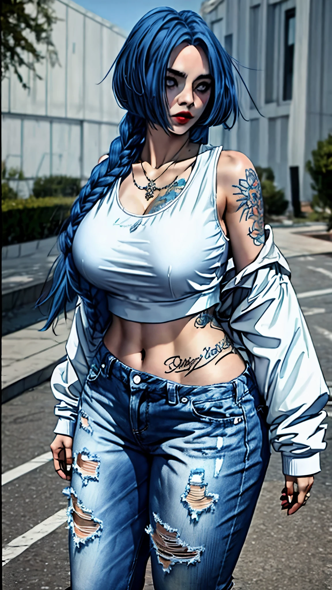 Noah, wind breaker, blue hair, white t-shirt, blue jeans, highly detailed, masterpiece, Hyperrealistic artwork, standing, looking at camera, large breast, Thick thighs, curvy hips, tatto on right shoulder 