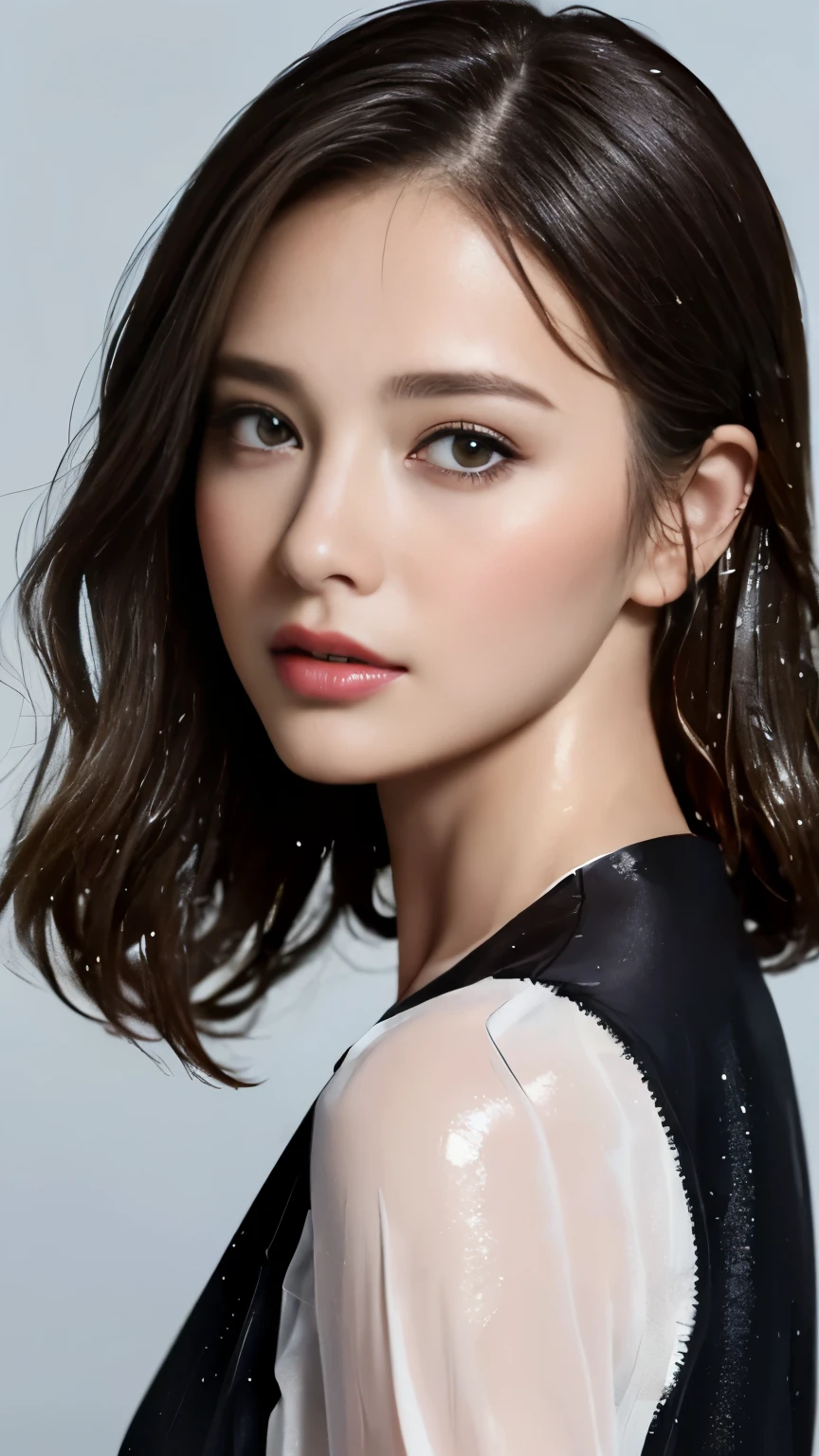 (best quality, 4K, masterpiece :1.3), pretty Woman, 1 Girl, Sexy :1.1, Dark brown hair: 1.1, (Rainy and humid, Wet by the rain, Wet :1.2), White vest, Ultra-fine face, Delicate lips, Delicate eyes, double eyelids