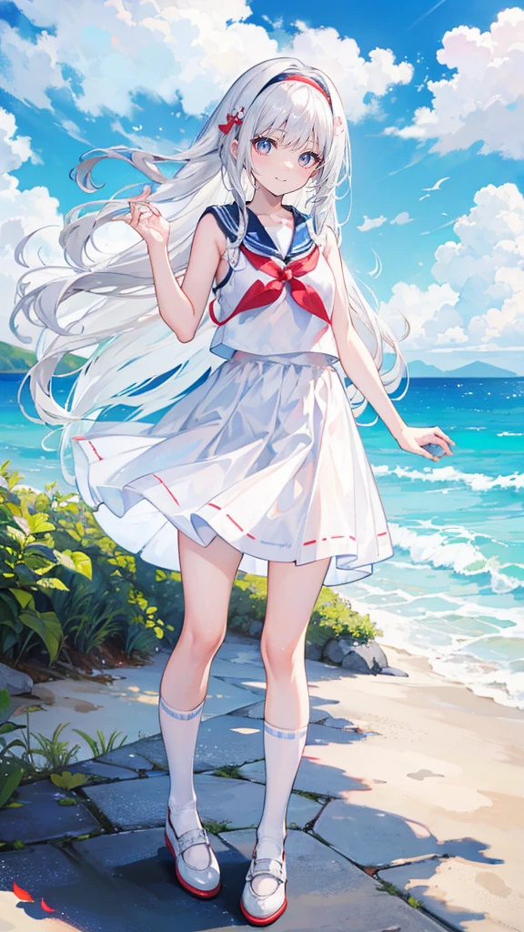 White hair,Long hair,Bangs,Bangs整齐,Hairband,Gray eyes,girl,cute,laughing expression,Happy and happy expression,Lovely,girl,Sailor Suit,Small leather shoes,White calf socks,whole body,Standing on the ground,手臂Lovely动作,Don't show your arms,Background is the beach,Blue sky and white clouds