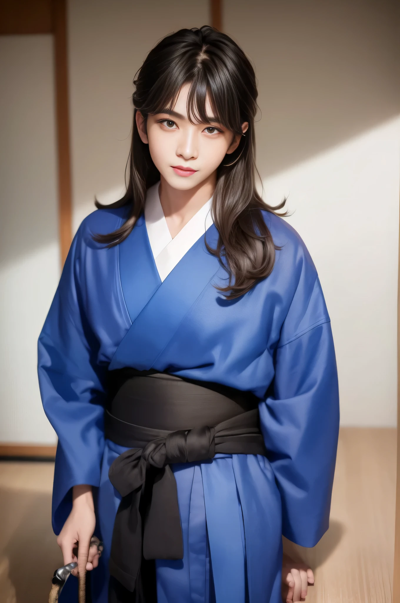 one person、solo、Facing the viewer head-on、Whole body shot、indoor、tatami、dojo、Woman dressed as a man、Good looking woman、Butch、long hair、Black Hair、Black hair、Knot、Iris、Thin lips、Neutral face、20-year-old、Wearing blue hakama、Kimono、sword on waist、Arms crossed、4k、（Masterpiece）、（（Detailed））