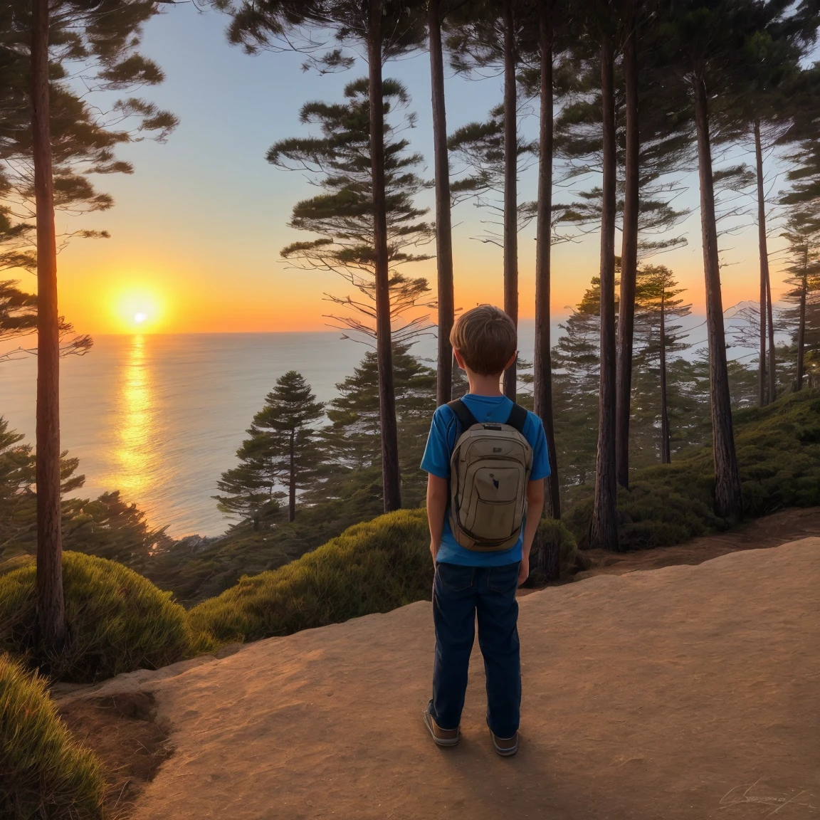 masterpiece, Best quality at best, 1 boy traveler attire,standing at the hill,watching sunset,sun reflect in the ocean,wide shot,(pine trees at the back)masterpiece, Best quality at best, 1 boy traveler attire,standing at the hill,watching sunset,sun reflect in the ocean,wide shot,(pine trees at the back
