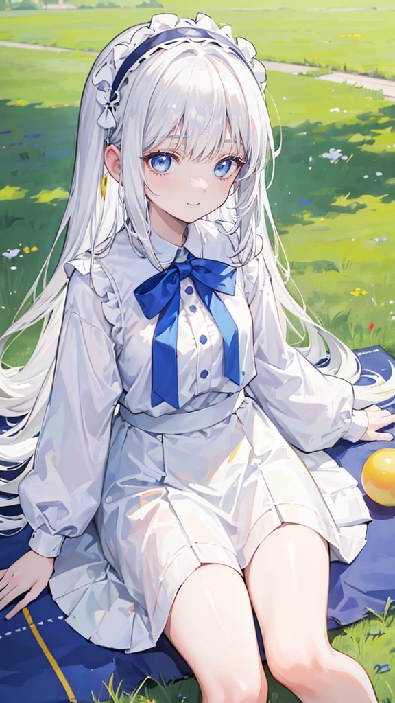 White hair，Long hair，Bangs，Bangs整齐，Hairband，Gray eyes，girl，cute，laughing expression，Happy and happy expression，White shirt，skirt，Sit on the ground and play，whole body，Don't show your arms，The background is a lawn，Blue sky and white clouds