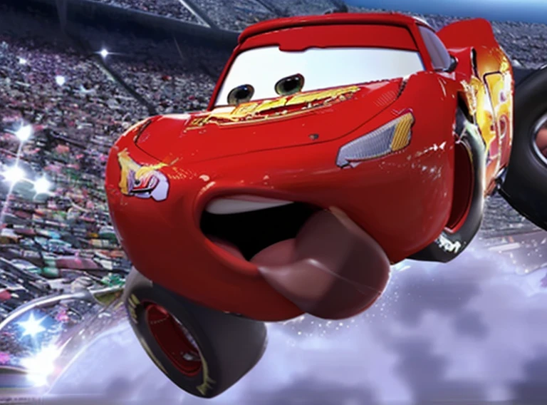 lightning_mcqueen, tongue out, racing stadium,blue sky,sunny day,hot day,hot tarmac,detailed eyes,highly detailed,photography,ultra sharp,film,bokeh,professional,4k,highly detailed,