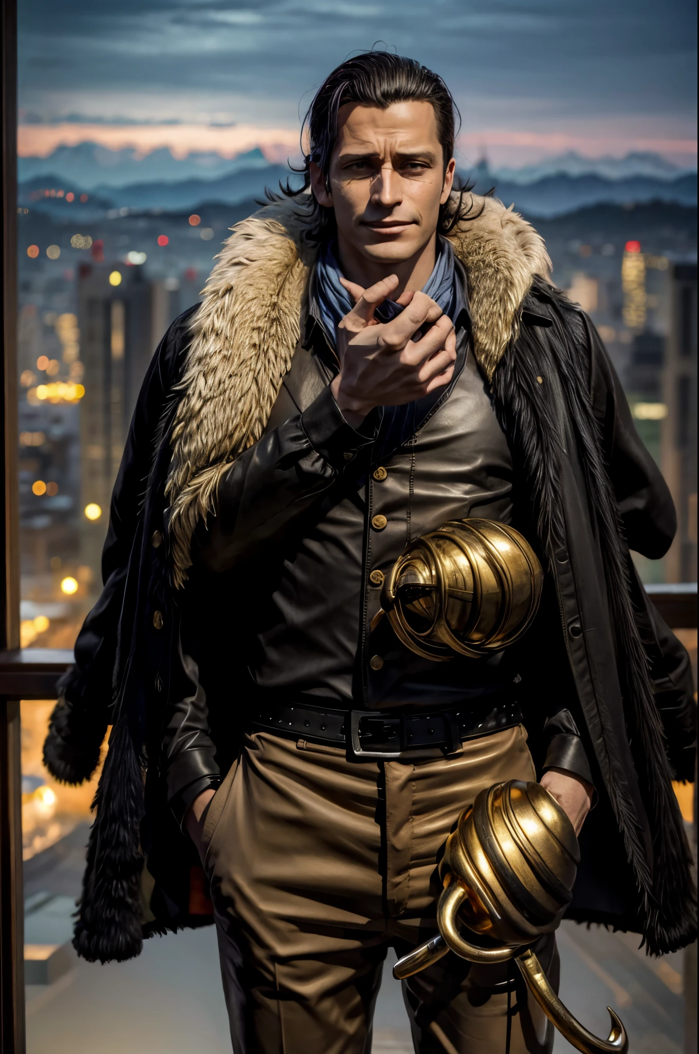 masterpiece, best quality, extremely detailed, hyperrealistic, photorealistic, a cool 40s man, ultra detailed face:1.2, fur-trimmed coat, scarf around the neck, his left hand is a golden pirate hook:1.1, landscape, distant view shot, office, night view from a high-rise building, dynamic pose, sly smile, relaxed