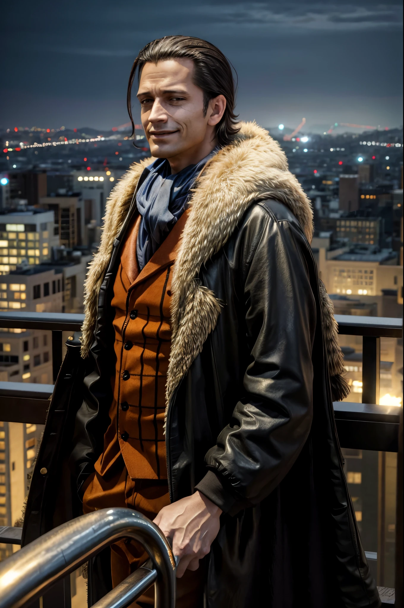 masterpiece, best quality, extremely detailed, hyperrealistic, photorealistic, a cool 40s man, ultra detailed face:1.2, fur-trimmed coat, scarf around the neck, his left hand is a golden pirate hook:1.1, landscape, distant view shot, office, night view from a high-rise building, dynamic pose, sly smile, relaxed
