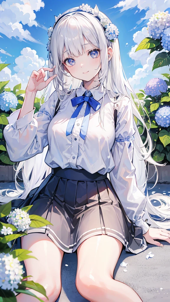 White hair,Long hair,Bangs,Bangs整齐,Hairband,Gray eyes,girl,cute,laughing expression,Happy and happy expression,White shirt,skirt,Sit on the ground and play,whole body,Don't show your arms,Background is hydrangea,Lots of hydrangeas,Blue sky and white clouds