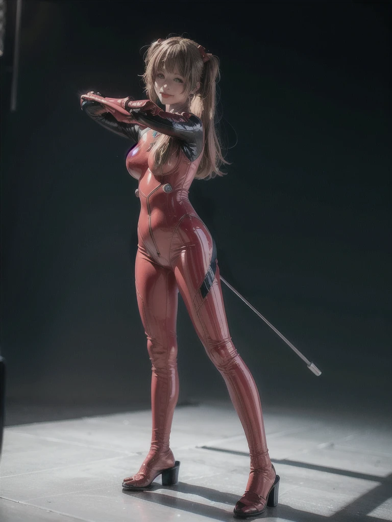 best quality, masterpiece, realistic, photorealistic, 1girl, solo, looking at viewer, full body, wariza, long hair, asuka cosplay costume, cosplay, plugsuit, bodysuit, hair ornament, simple background, Beautiful expression, Beautiful breasts,exy posing,whole body, composition that shows the whole body, smiling,standing posing