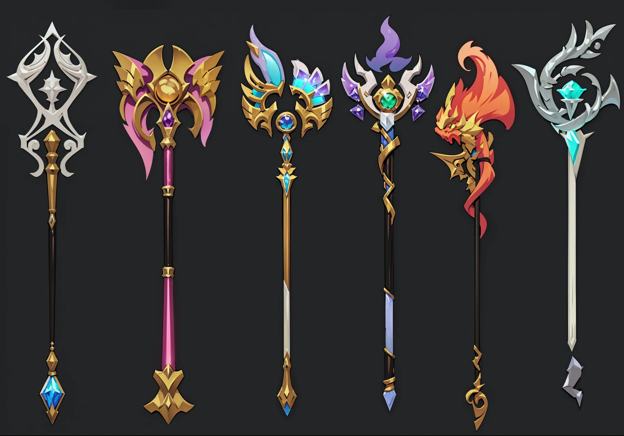 A set of different weapons with different colors and designs, magic wand, Weapon Concept Art, Fantasy RPG Weapon Art, World of Warcraft Blizzard Weapon Art, Dragon Staff, epic Fantasy weapons art, Weapon concept art, weaponry concept designs, Fantasy weapons, Hearthstone Weapon Art, weapon design, Dragon Staff, magic artifacs and magic weapons, wizard magic wand