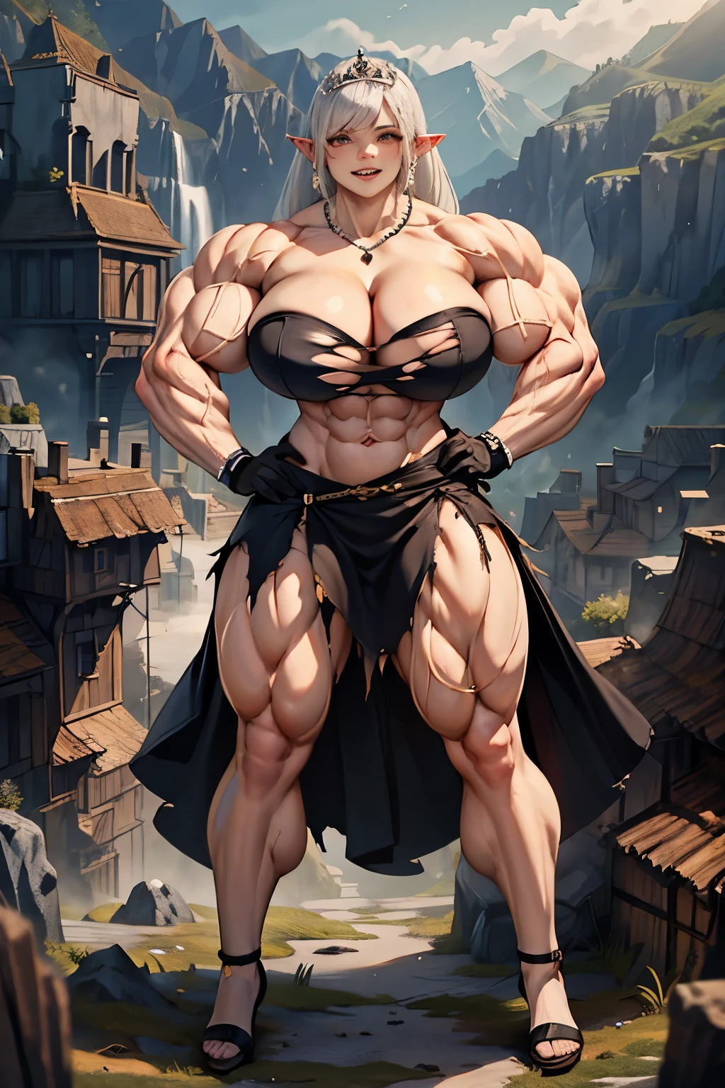 micro-landscape, micro-kingdom, toy-size kingdom, tiny-kingdom, nanoscopic-mountains, nanoscopic-trees, 1girl, (evil:1), villain, standing proud, full-body, high resolution face, white hair, gradient hair, pointy ears, glowing pendant, strapless dress, full bridal dress outfit, arm wrap, black gloves, leg wrap, black footwear, mean, muscle legs, smile, sexy stockings, tiara, glowing eyes, makeup, blush, eye shadow, rings, pearls, necklaces, flawless shiny silver hair, black heels, from below, solo, , ((hyper muscular:1.5 )) , ((big breasts:1.8)), (strong) , ((((muscular)))) ((Torn shirt)) (bulky:1.6) giantess (Very tall) (very large breasts) A body that surpasses everything
(Chest spilling out) The body is so tall that it's beyond imagination.