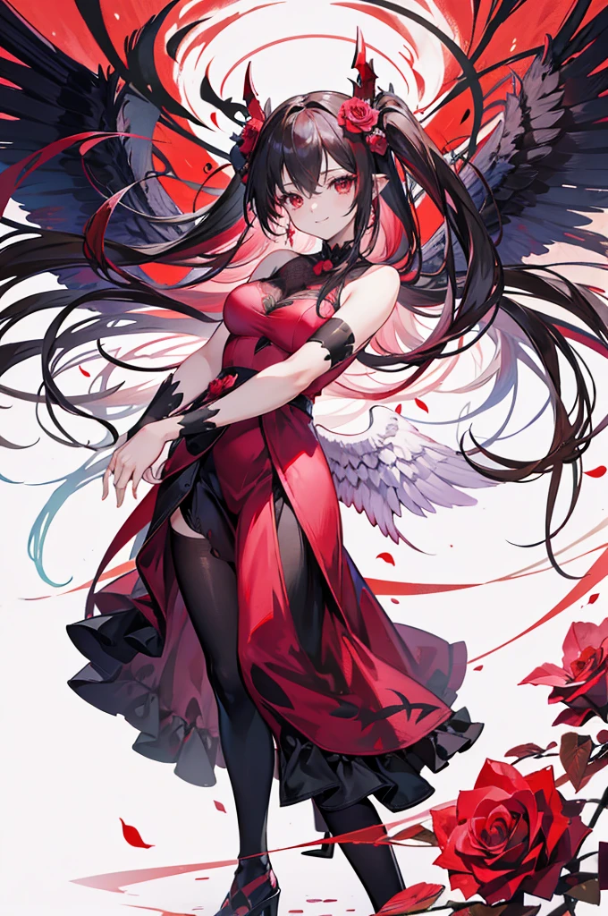 an anime girl with demon wings is with flower on red background, with dark haired woman wearing pink flower dress, rose, flower, red flower, red rose, red eyes, smile, looking at viewer, blood, long hair, torn clothes
