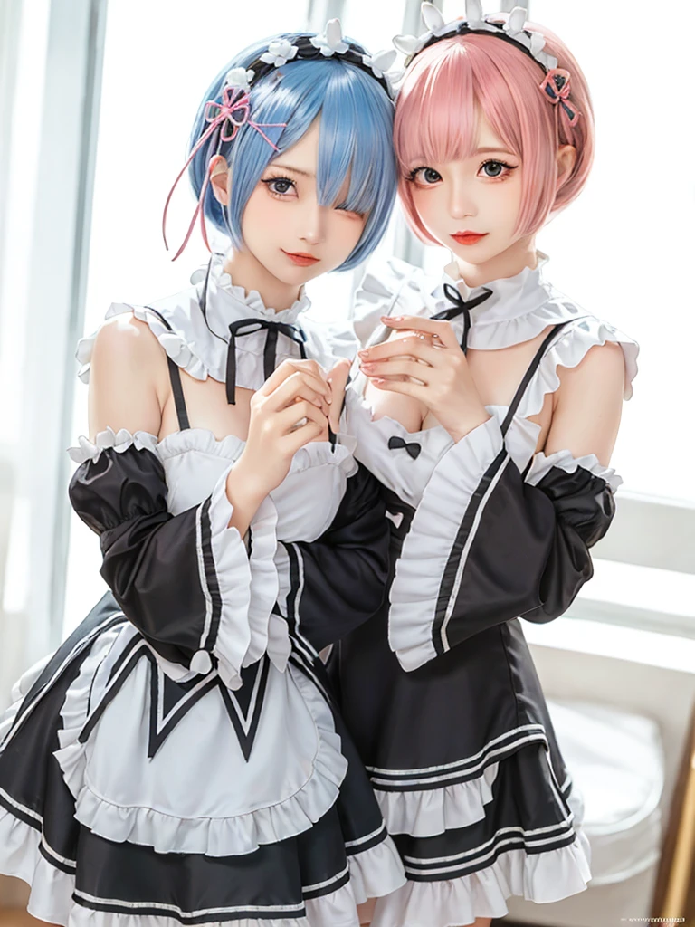 (8K, Photorealistic, Raw photo, of the highest quality: 1.3), (1girl in), Super beautiful, (Realistic face), (boyish, pink Color Berry Shorthair), Beautiful , Glare that captivates the viewer, Beautiful expression, Beautiful breasts, (Realistic skin), Be...Create a detailed and colorful image of Ram and Rem from Re:Zero, standing back-to-back in their maid outfits, with a magical fantasy background、14years old, two girls,cute, perfect face, beautiful, nice body, gothic ta clothes, gothic loliashion, frilly skirt, headdress, necklace, bracelet, knee-high socks, boots, double eyelids, tear bags, Detailed down to the fingers, photo-like description, indoors, dim indoor lighting, one girl is pink hair and short bob, another girl is light blue hair and short bob,standing, sexy posing,whole body, composition that shows the whole body, smiling,The Both of them are wearing the same type of maid outfit,Optimal ratio of 4 fingers and 1 thumb
