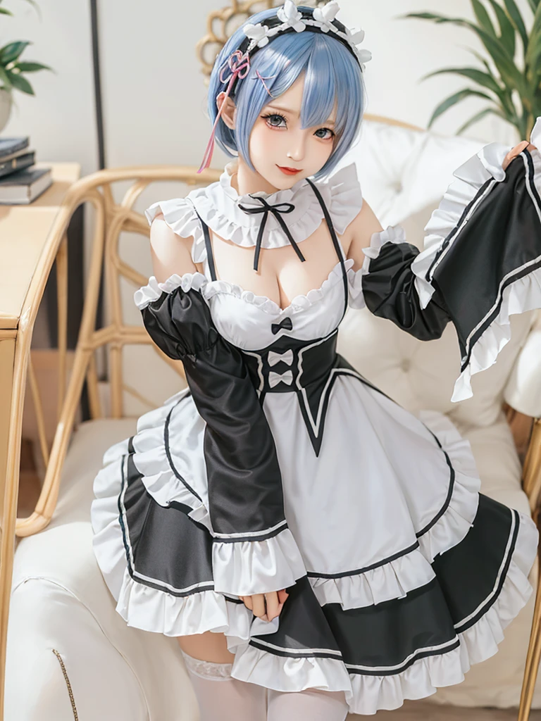 (8K, Photorealistic, Raw photo, of the highest quality: 1.3), (1girl in), Super beautiful, (Realistic face), (boyish, pink Color Berry Shorthair), Beautiful , Glare that captivates the viewer, Beautiful expression, Beautiful breasts, (Realistic skin), Be...Create a detailed and colorful image of Ram and Rem from Re:Zero, standing back-to-back in their maid outfits, with a magical fantasy background、14years old, two girls,cute, perfect face, beautiful, nice body, gothic lolita clothes, gothic lolita fashion, frilly skirt, headdress, necklace, bracelet, knee-high socks, boots, double eyelids, tear bags, Detailed down to the fingers, photo-like description, indoors, dim indoor lighting, one girl is pink hair and short bob, another girl is light blue hair and short bob,standing, sexy posing,whole body, composition that shows the whole body, smiling,The Both of them are wearing the same type of maid outfit,Optimal ratio of 4 fingers and 1 thumb