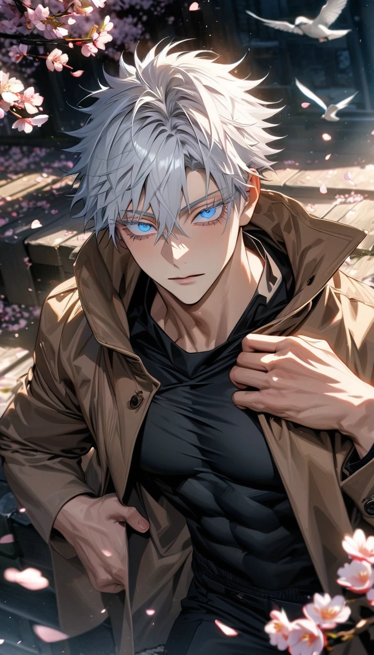 absurdres, highres, ultra detailed, HDR, masterpiece, extremely detailed face and eyes, Gojo Satoru, white hair with bangs, hair between the eyes, expressive blue eyes, white eyelashes, Jujutsu Kaisen, solo, sexy man, handsome, brown coat, black tight shirt, toned chest, black pants, spring, blossoms, petals, birds