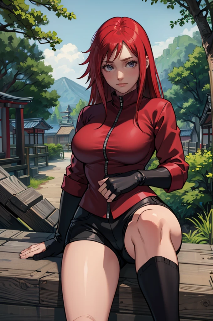 (masterpiece:1.2, best quality:1.2, beautiful, high quality, highres:1.1), detailed, extremely detailed 4K, perfect eyes, perfect face, perfect lighting, (1girl, solo, adult female, mature female), thin, lithe body, 
karin, long red hair, red eyes, glasses, (big breasts), sitting
(red shirt), black bike shorts, black stockings, combat gloves, red ey color, cute looking, embarrassed 
(outside, trees, japanese village background:1.2), closed clothes, closed zipper shirt, ((((sensual seductive, busty)))),  high quality, 